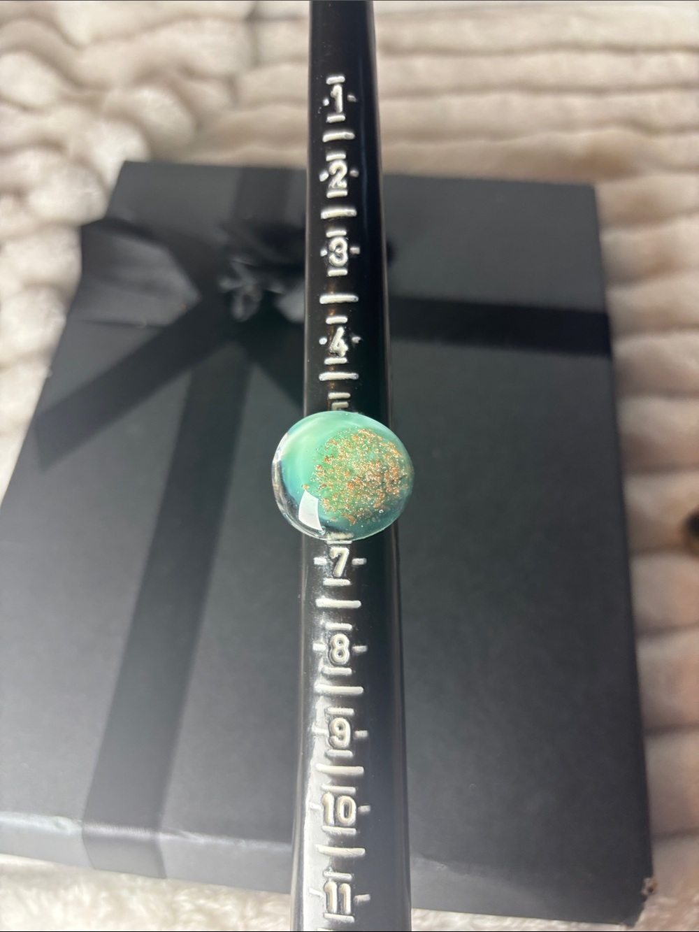 Size 6 Handmade Ring featuring green resin or polymer clay embedded gold glitter